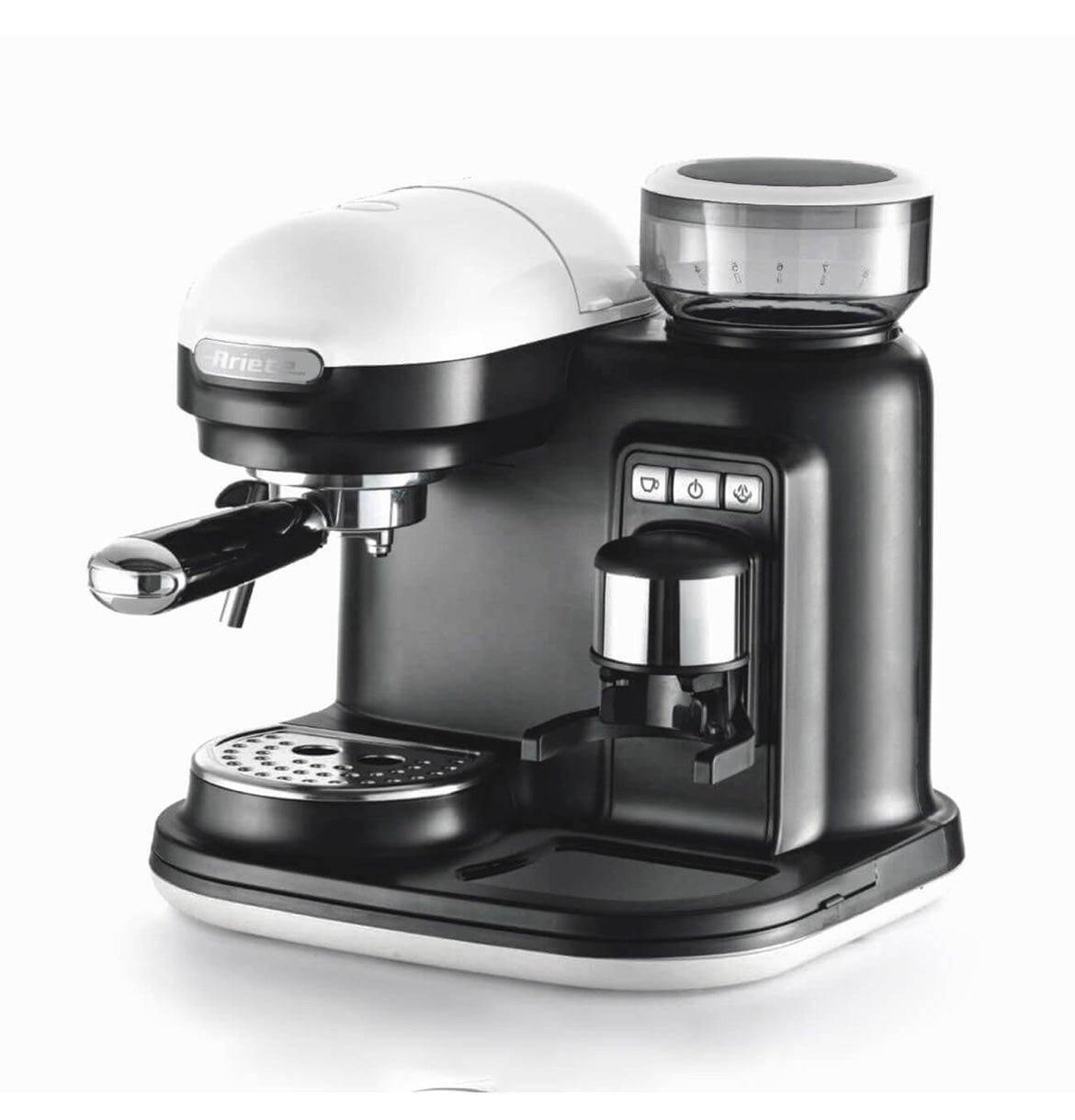 Macchina da caffè espresso con macinacaffè Moderna Bianco. Macinacaffè con erogatore. Filtro per 1 o 2 tazze.15 bar pressione. Autospegnimento. Cappuccinatore. Bianco