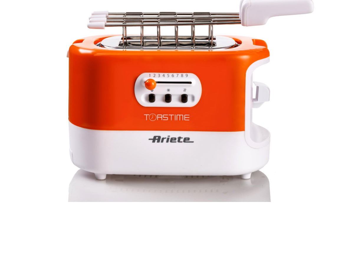 Toastime Arancione
0159/00
Tostapane arancione con pinze. 2 fette di pane. 9 livelli di doratura. Potenza 700 W.