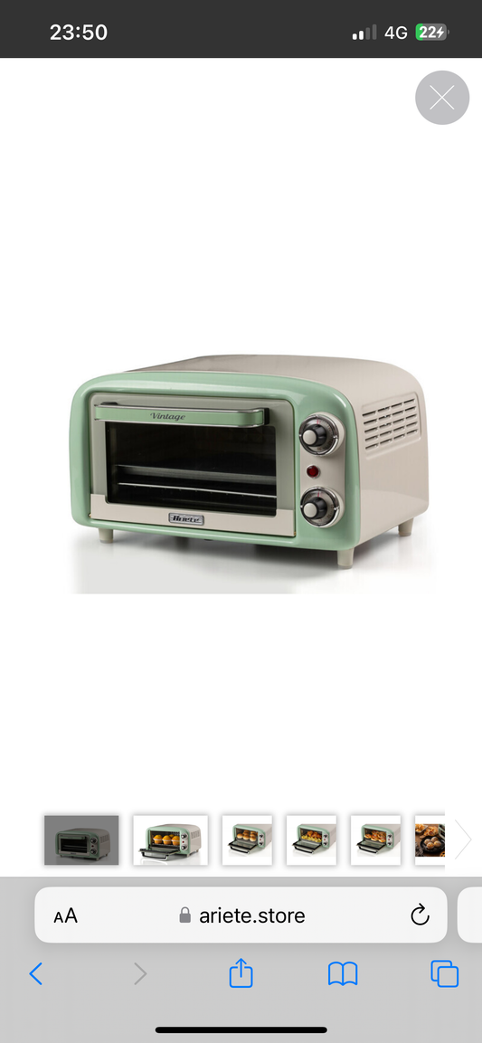 Forno Vintage Verde 10L
3919/04
Forno Elettrico Vintage 10 Litri, doppio vetro, timer impostabile fino a 60’, temperatura regolabile fino a 230°C.
