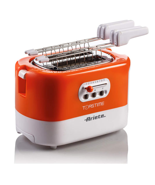 Toastime Arancione
0159/00
Tostapane arancione con pinze. 2 fette di pane. 9 livelli di doratura. Potenza 700 W.