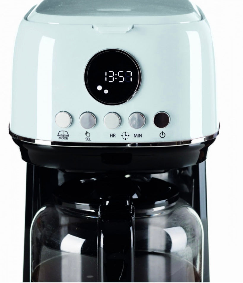 Macchina da caffè con filtro Moderna Bianco
1396/01
Macchina per caffè americano, drip coffee con caraffa in vetro temperato da 15 tazze. Programmabile fino a 24 ore prima. Pannello LCD e Base riscaldante