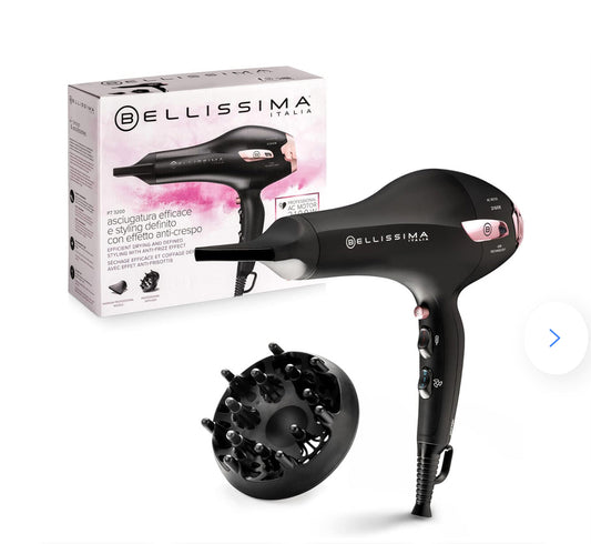 Bellissima 11858 P7 3200 Asciugacapelli, Motore Professionale, 2100 Watt, Ionizzatore, 2 Velocità, 3 Temperature, Diffusore per Ricci, Colpo Aria Fredda, Leggero, Custodia da Viaggio, Fermacavo