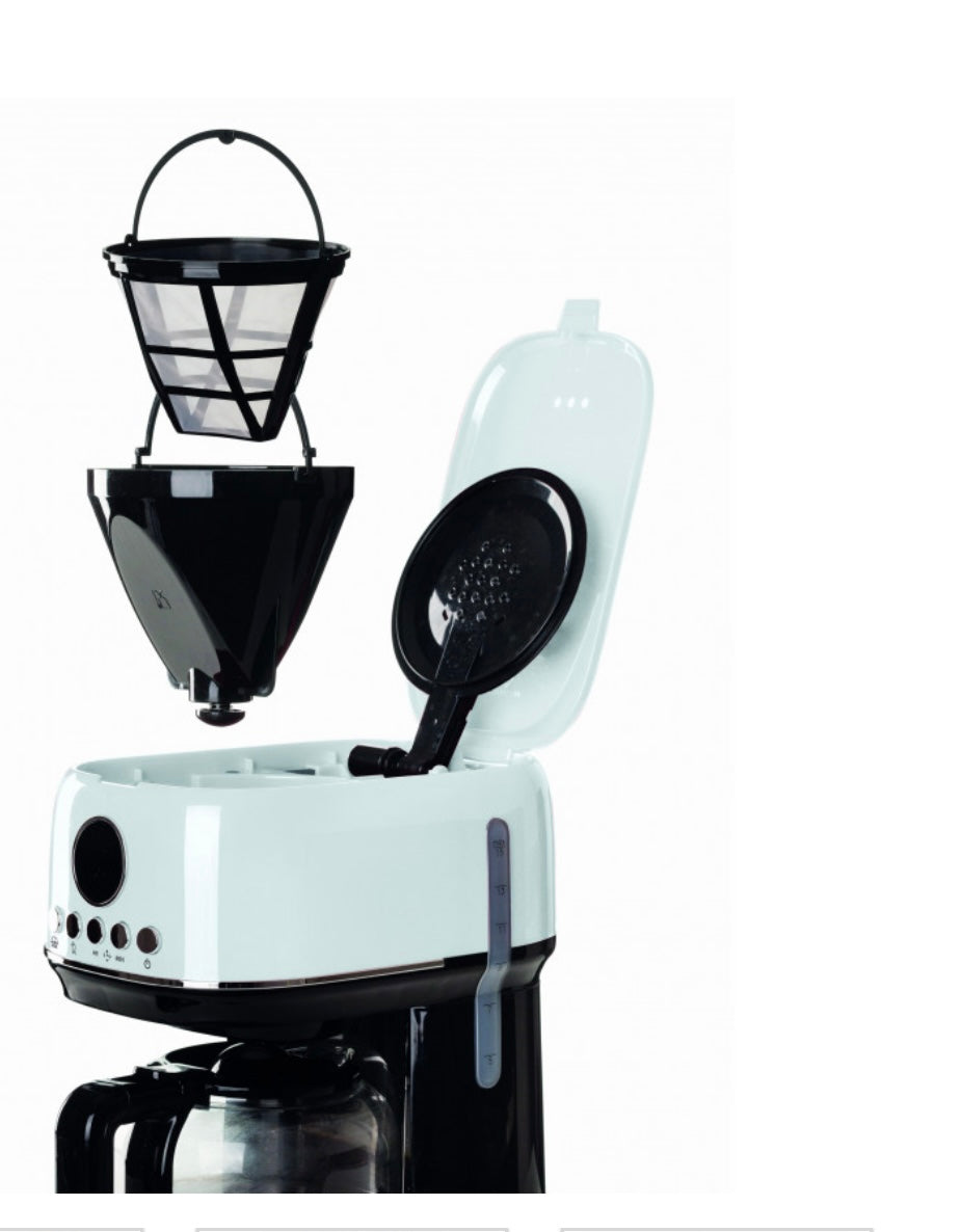 Macchina da caffè con filtro Moderna Bianco
1396/01
Macchina per caffè americano, drip coffee con caraffa in vetro temperato da 15 tazze. Programmabile fino a 24 ore prima. Pannello LCD e Base riscaldante
