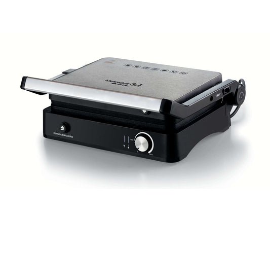 MetalGrill 3in1
1934/00
Per grigliate miste di carne, verdure e pesce senza fumo e odori sgradevoli. Con 3 tipi di cottura: a contatto, a fornetto e a libro aperto fino a 180°C. Temperatura regolabile e griglie antiaderenti removibili.