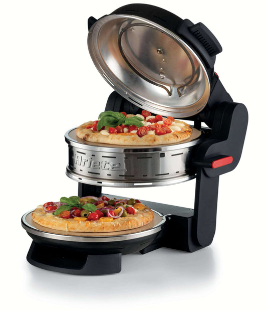Pizzeria Ariete Nero
0927/01
Forno elettrico per 2 pizze con 2 pietre refrattarie di 32 cm di diametro con trattamento antiaderente. 2 termostati separati. 5 livelli di cottura. Temperatura massima 400°. Ideale per cuocere 2 pizze contemporaneamente. Nero