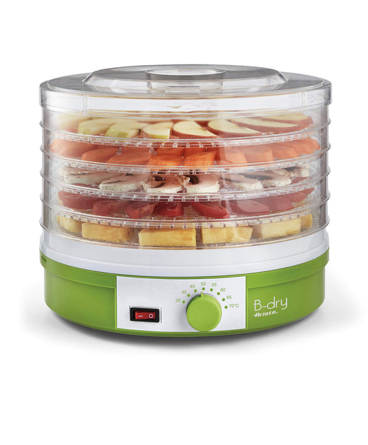 B-dry
0616/00
Essiccatore per disidratare frutta, verdura, funghi, erbe, carne. Temperatura regolabile da 35°C a 70°C. Distribuzione uniforme del calore. 5 cestelli intercambiabili con coperchio BPA Free. Verde