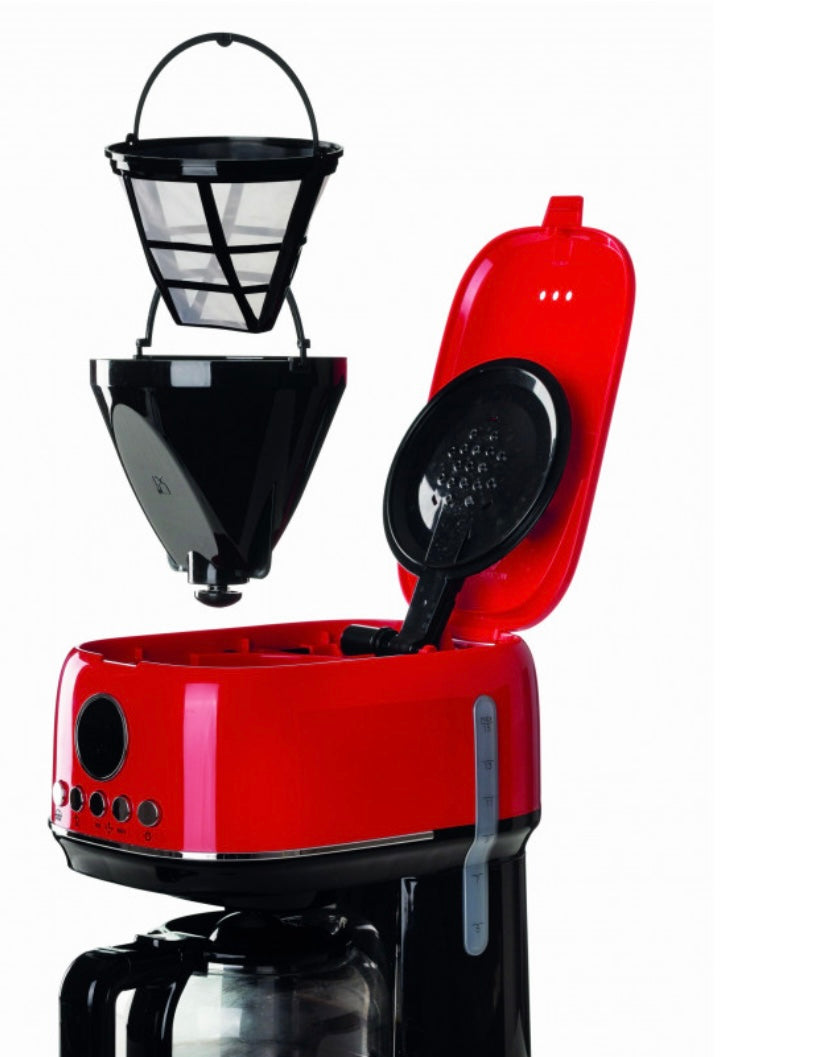 Macchina da caffè con filtro Moderna Rosso
1396/00
Macchina per caffè americano, drip coffee con caraffa in vetro temperato da 15 tazze. Programmabile fino a 24 ore prima. Pannello LCD e Base riscaldante