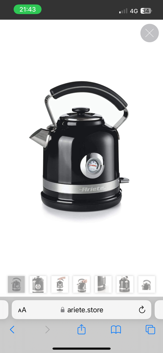 Bollitore Elettrico Moderna Nero
2854/02
Bollitore Nero da 1,7 Litri della Linea Moderna Ariete. Termometro esterno. Filtro rimovibile. Autospegnimento. Un tocco di stile nella tua